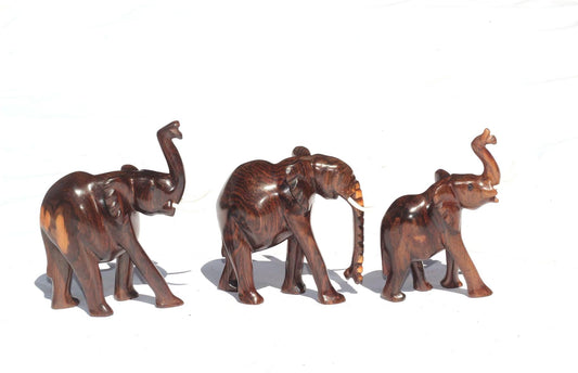 Zambian style Ironwood elephant figurines Set of 3. Unique smooth polished walking animal sculpture. Perfect African birthday/wedding gifts