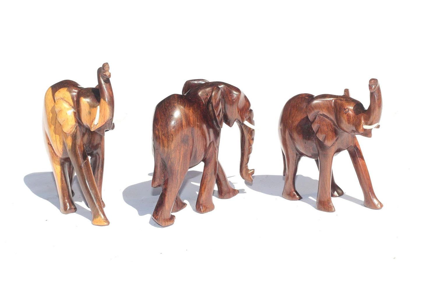 Zambian style Ironwood elephant figurines Set of 3. Unique smooth polished walking animal sculpture. Perfect African birthday/wedding gifts