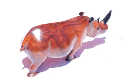 40cm Large Zambian Teak Wood handcarved Rhino. Unique African Art Gifts, for home and office decor. With black painted Horns, ready to Ship
