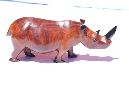 40cm Large Zambian Teak Wood handcarved Rhino. Unique African Art Gifts, for home and office decor. With black painted Horns, ready to Ship