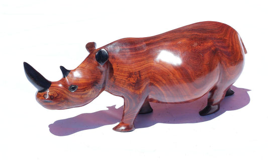 40cm Large Zambian Teak Wood handcarved Rhino. Unique African Art Gifts, for home and office decor. With black painted Horns, ready to Ship