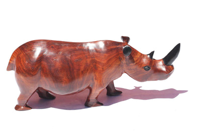 40cm Large Zambian Teak Wood handcarved Rhino. Unique African Art Gifts, for home and office decor. With black painted Horns, ready to Ship