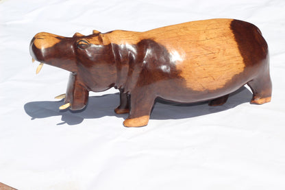 One of a kind Multi coloured Iron Wood Smooth Hand Carved Hippo with Mouth Open. African Handmade Art figurine/Christmas gift.