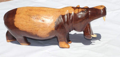 One of a kind Multi coloured Iron Wood Smooth Hand Carved Hippo with Mouth Open. African Handmade Art figurine/Christmas gift.