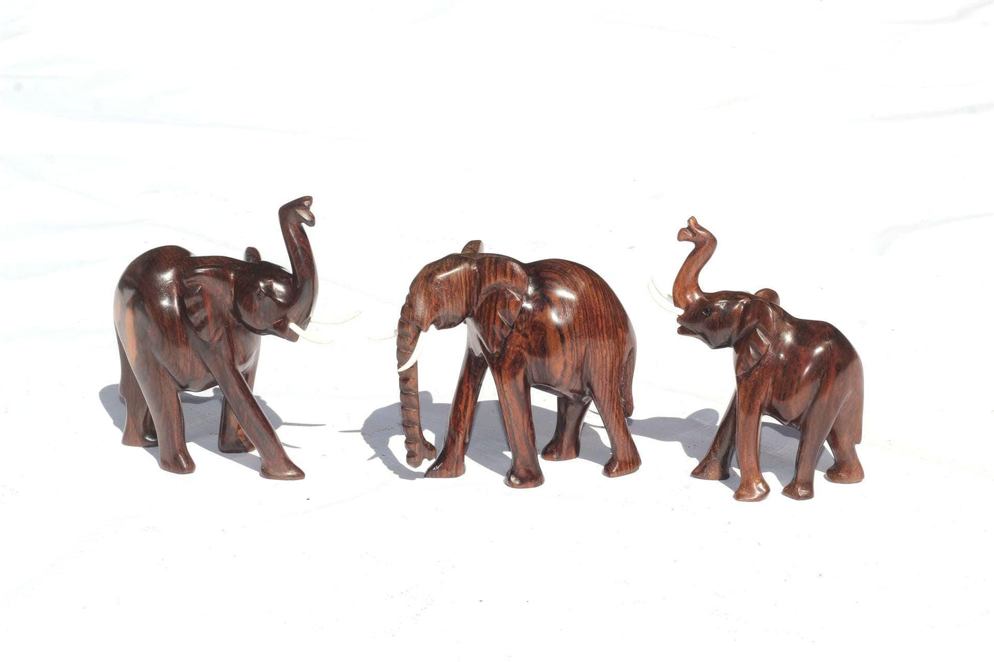 Zambian style Ironwood elephant figurines Set of 3. Unique smooth polished walking animal sculpture. Perfect African birthday/wedding gifts