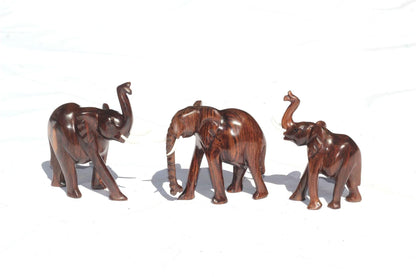 Zambian style Ironwood elephant figurines Set of 3. Unique smooth polished walking animal sculpture. Perfect African birthday/wedding gifts