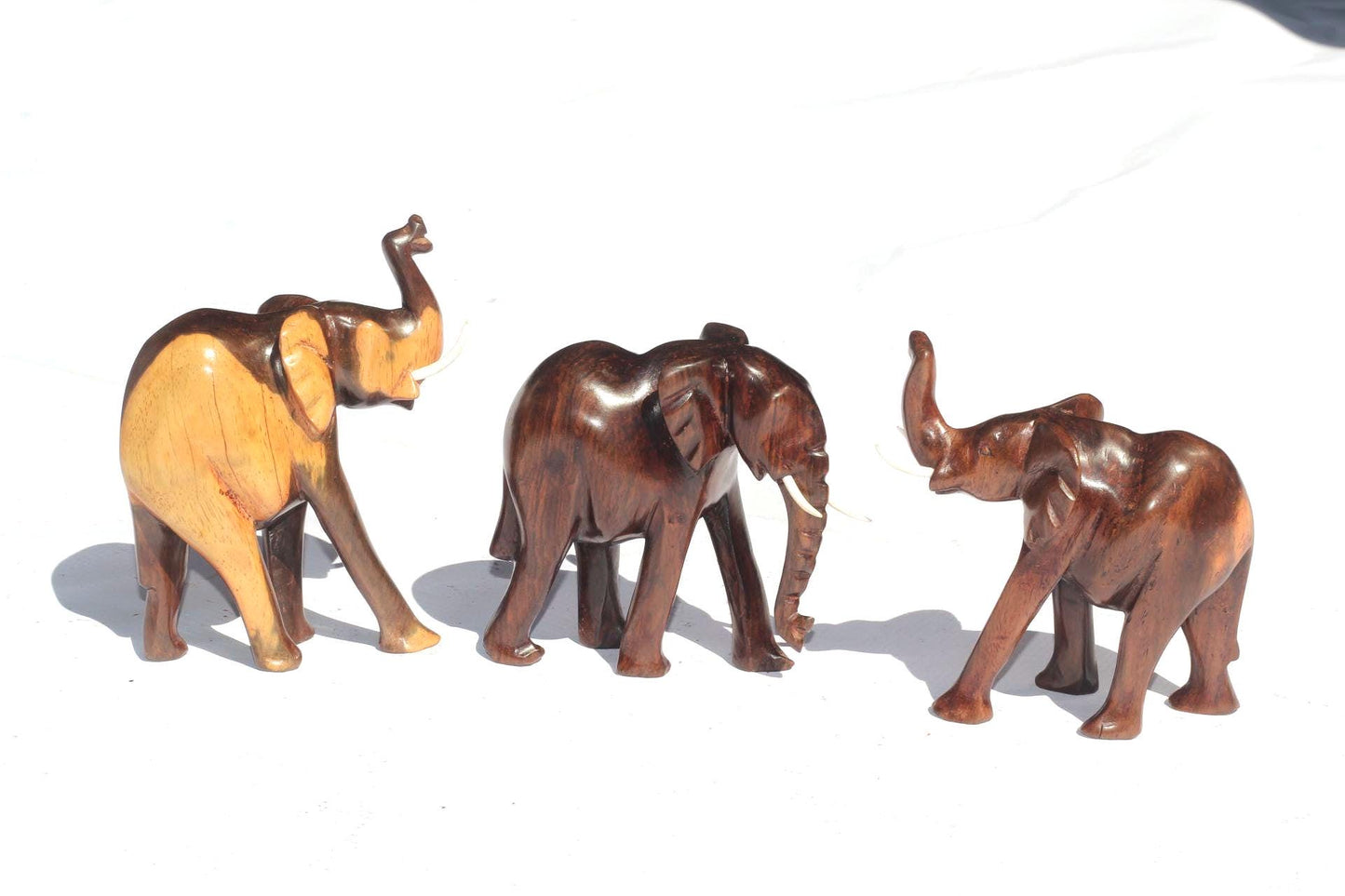 Zambian style Ironwood elephant figurines Set of 3. Unique smooth polished walking animal sculpture. Perfect African birthday/wedding gifts