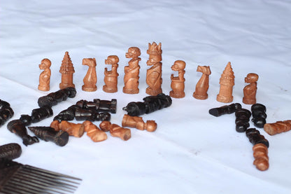 Unique African Kingdom Chess Pieces. Mahogany and Ebony Wood combination. Full set gaming pieces without Board. African games and Puzzle art