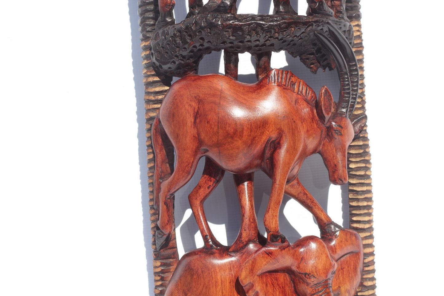 Large 82cm Animal Themed Olive wood carved Wall Decor Panel. Safari animals art, Giraffes, Elephant, Antelope, Crocodile Handcarved gift