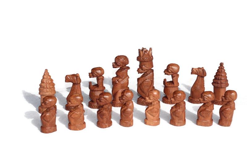 Unique African Kingdom Chess Pieces. Mahogany and Ebony Wood combination. Full set gaming pieces without Board. African games and Puzzle art