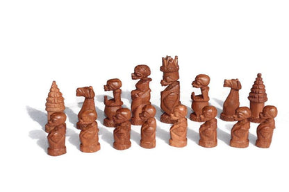 Unique African Kingdom Chess Pieces. Mahogany and Ebony Wood combination. Full set gaming pieces without Board. African games and Puzzle art