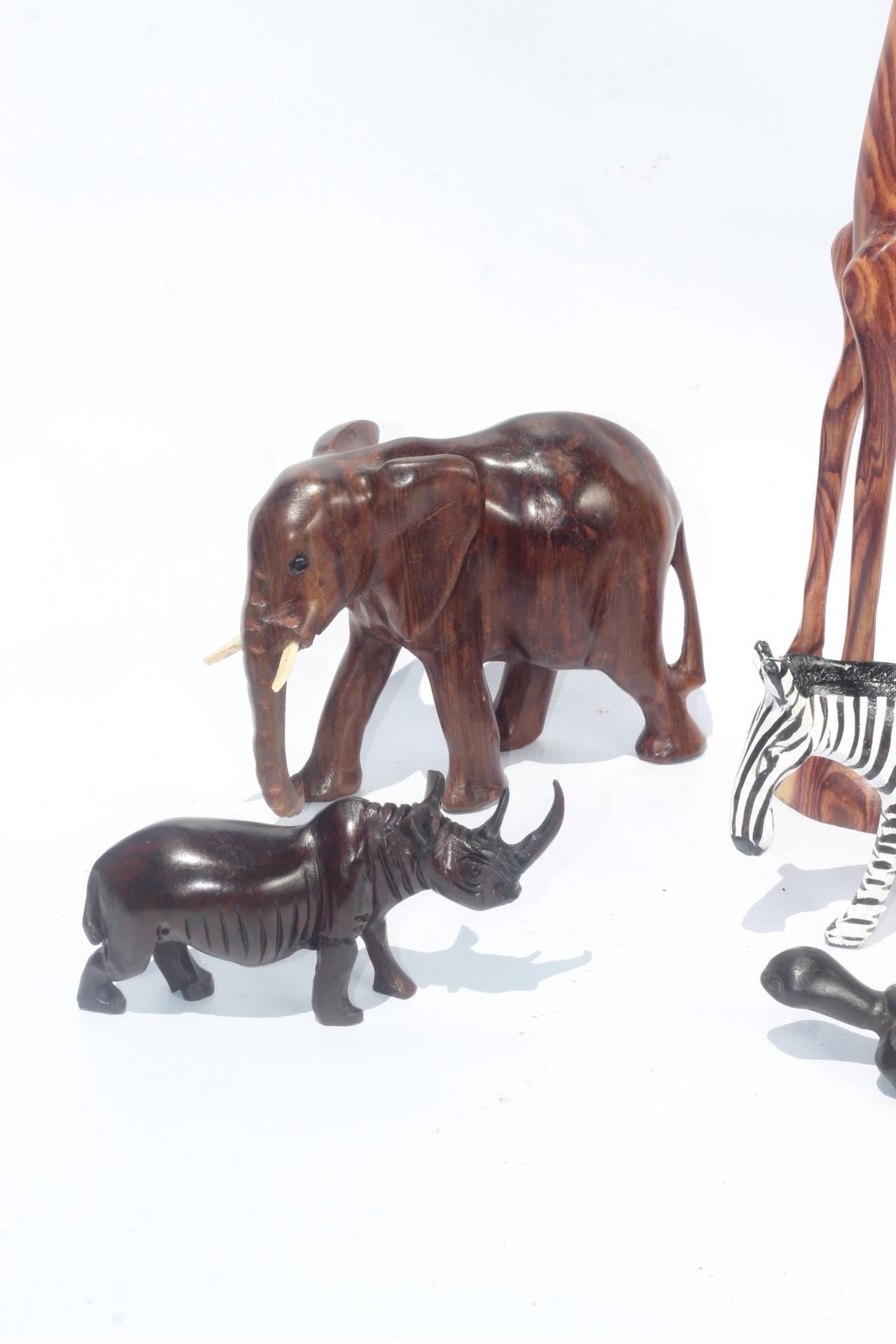 Set of 6 Carved Wooden Safari animals. Olive and Ironwood Elephant, Zebra, Rhino, Leopard, Turtle and Giraffe figurines. African Art Giftset