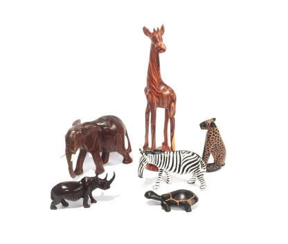Set of 6 Carved Wooden Safari animals. Olive and Ironwood Elephant, Zebra, Rhino, Leopard, Turtle and Giraffe figurines. African Art Giftset