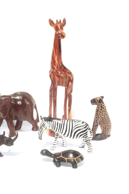 Set of 6 Carved Wooden Safari animals. Olive and Ironwood Elephant, Zebra, Rhino, Leopard, Turtle and Giraffe figurines. African Art Giftset