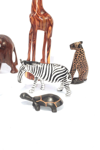 Set of 6 Carved Wooden Safari animals. Olive and Ironwood Elephant, Zebra, Rhino, Leopard, Turtle and Giraffe figurines. African Art Giftset