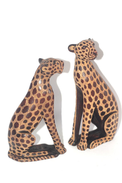 Single or Pair Seating Cheetah Figurines. Olive wood gouged spotted hand carved big cat Sculptures. African art Safari Decor ready to Ship