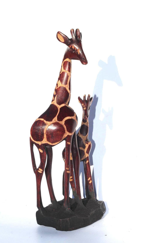 Dark Brown Olive Wood Gouged Giraffe Mother and Calf figurine. Zimbabwean handcarved Art Sculpture. Home/office decor Unique African gift