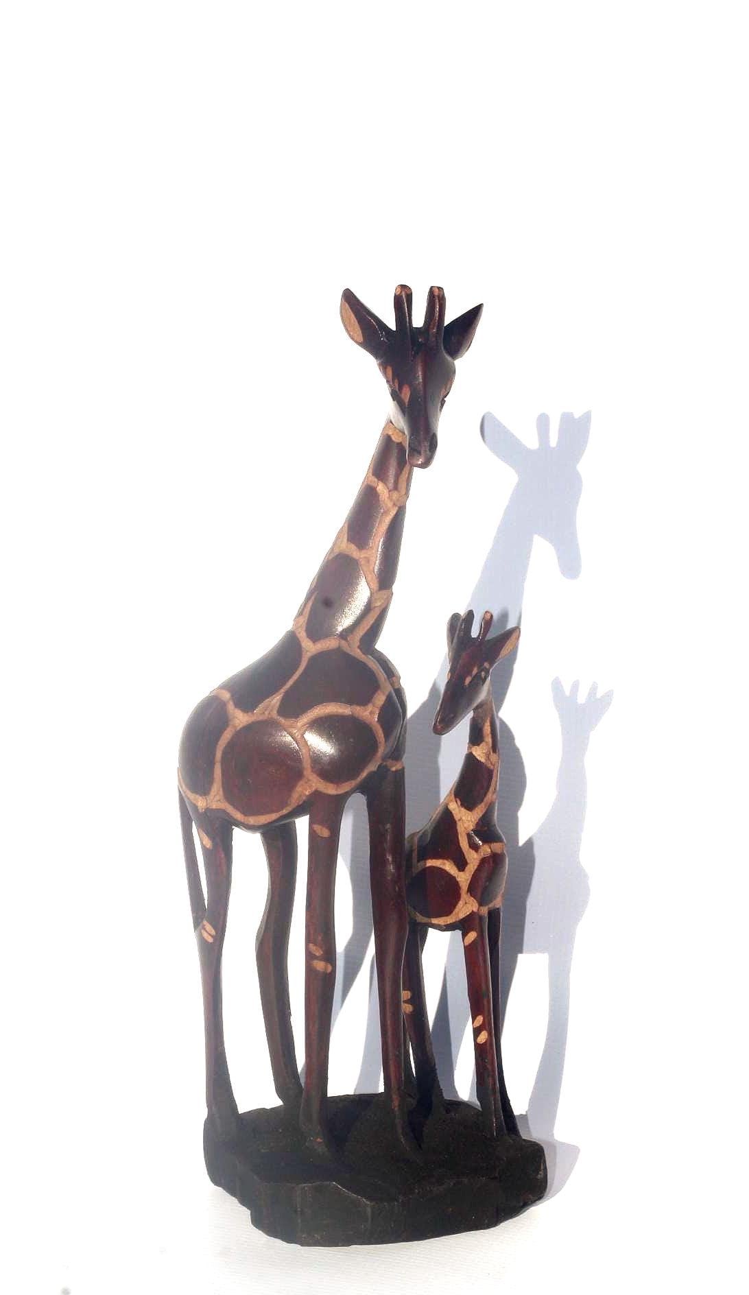 Dark Brown Olive Wood Gouged Giraffe Mother and Calf figurine. Zimbabwean handcarved Art Sculpture. Home/office decor Unique African gift