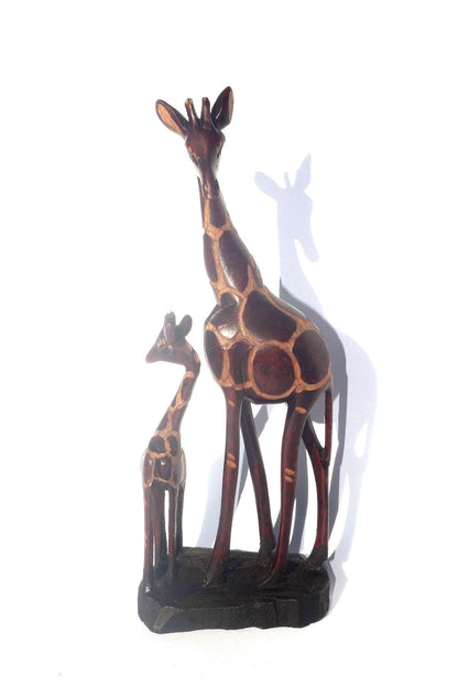 Dark Brown Olive Wood Gouged Giraffe Mother and Calf figurine. Zimbabwean handcarved Art Sculpture. Home/office decor Unique African gift