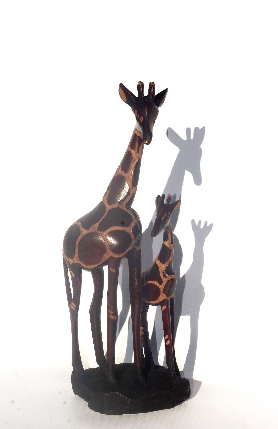 Dark Brown Olive Wood Gouged Giraffe Mother and Calf figurine. Zimbabwean handcarved Art Sculpture. Home/office decor Unique African gift