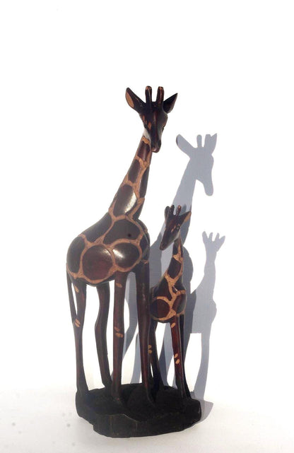 Dark Brown Olive Wood Gouged Giraffe Mother and Calf figurine. Zimbabwean handcarved Art Sculpture. Home/office decor Unique African gift