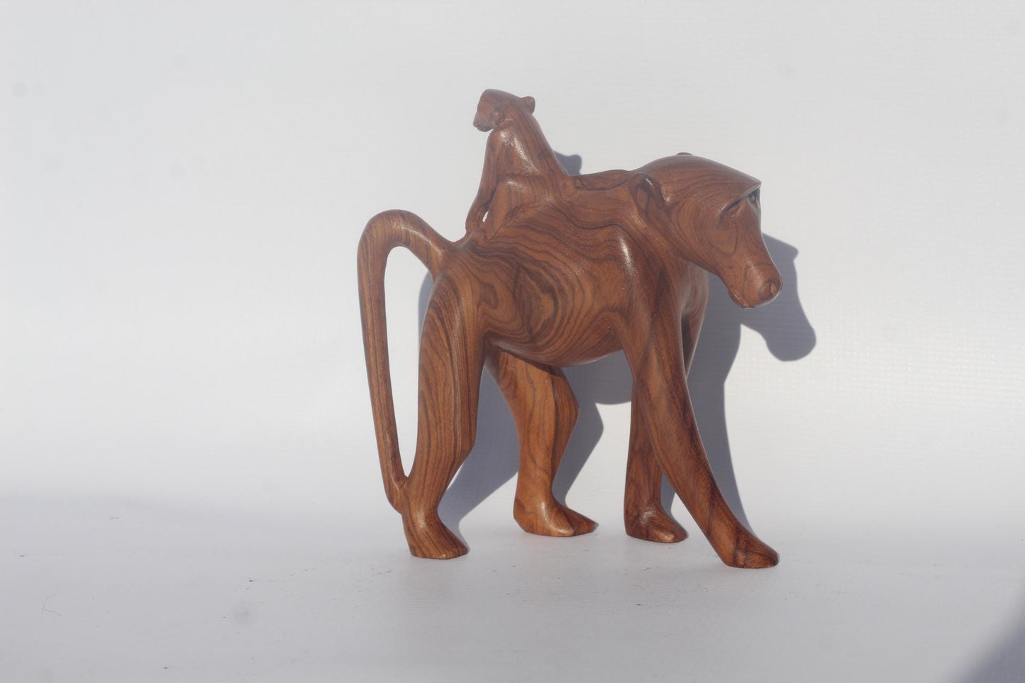 Life-like Olive wood Walking baboon with infant. Unique African handmade interior decor art. Made in Zimbabwe, home decor gift ready to Ship
