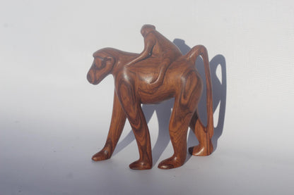 Life-like Olive wood Walking baboon with infant. Unique African handmade interior decor art. Made in Zimbabwe, home decor gift ready to Ship