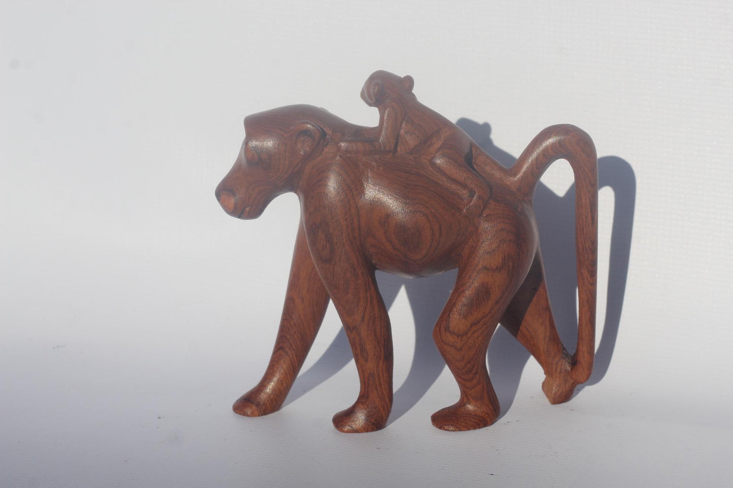 Life-like Olive wood Walking baboon with infant. Unique African handmade interior decor art. Made in Zimbabwe, home decor gift ready to Ship