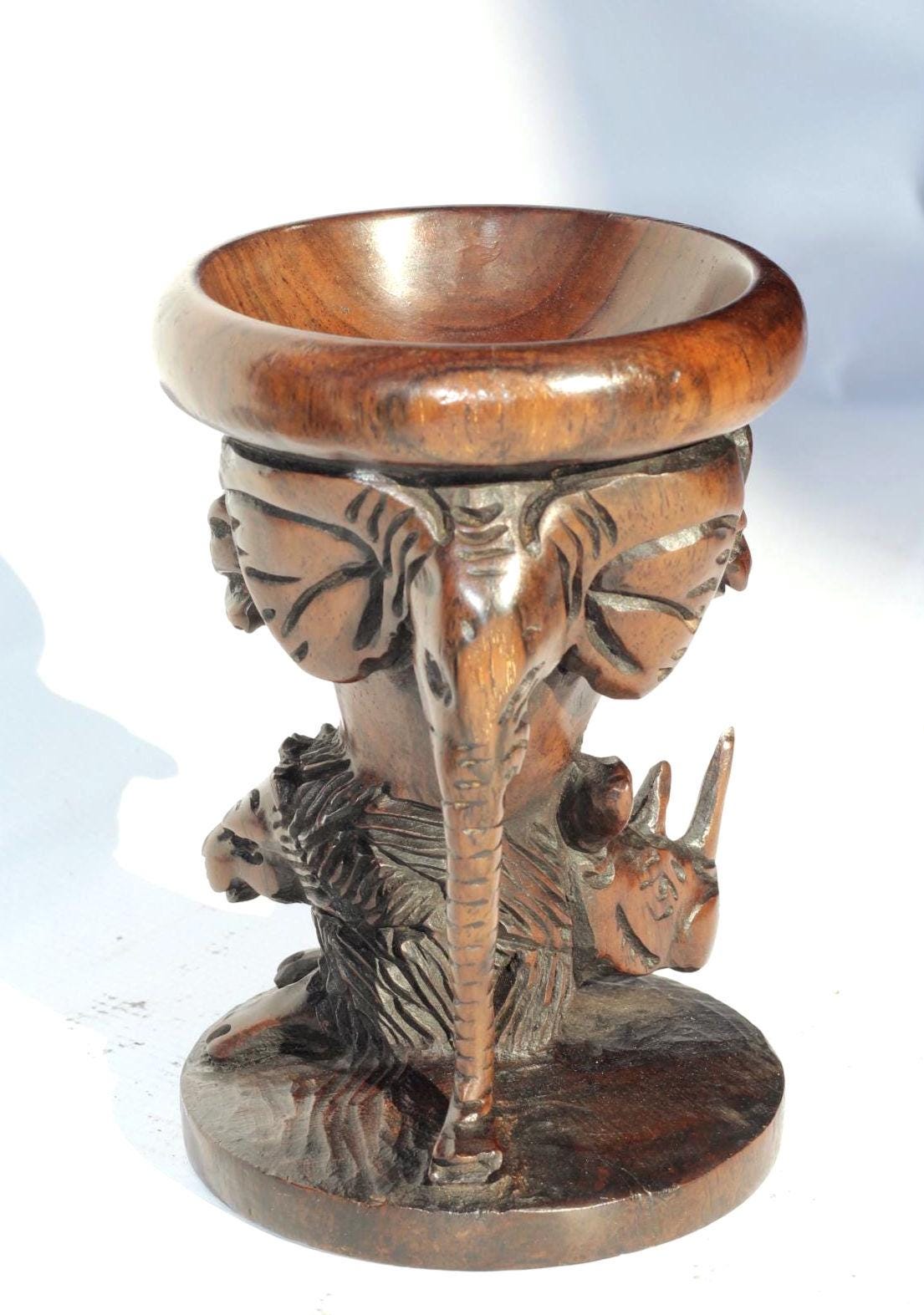 African Big 5 themed Smooth Handcarved Iron Wood Ostrich Egg/ornament Stand. Malawian made Safari decor for home/office. African Art Gift.