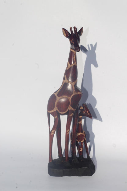 Dark Brown Olive Wood Gouged Giraffe Mother and Calf figurine. Zimbabwean handcarved Art Sculpture. Home/office decor Unique African gift