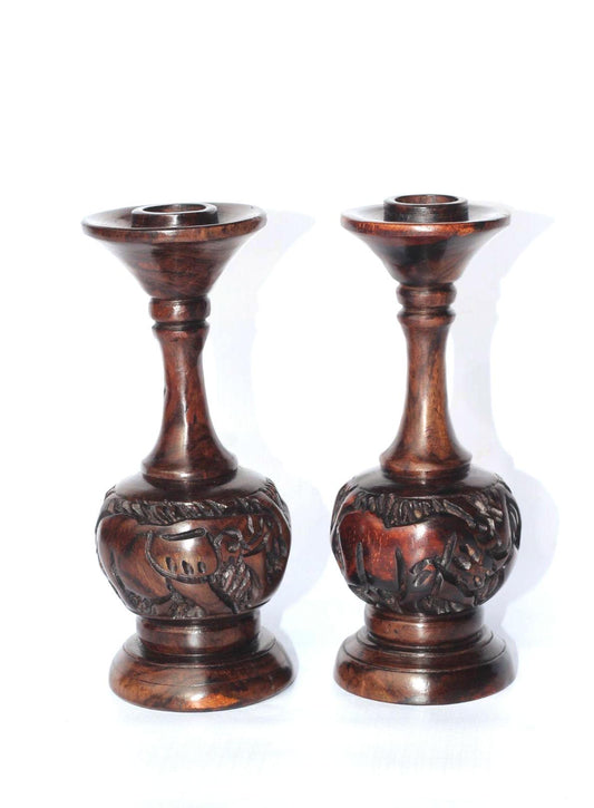 Set of 2 Carved Ebony Wood candlestick stands home decor. African animals carved candle holder. Shipping Worldwide