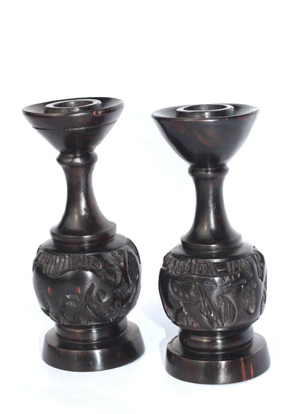 Set of 2 Carved Ebony Wood candlestick stands home decor. African animals carved candle holder. Shipping Worldwide
