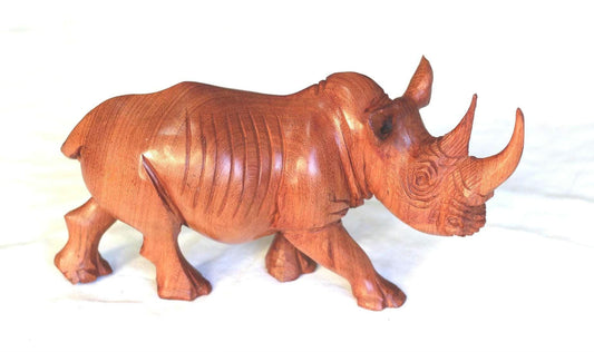 Lifelike Mahogany wood Rhino Figurine. Handcarved light brown, smooth skin walking animal art sculpture. Home and Office Decor Ready to Ship