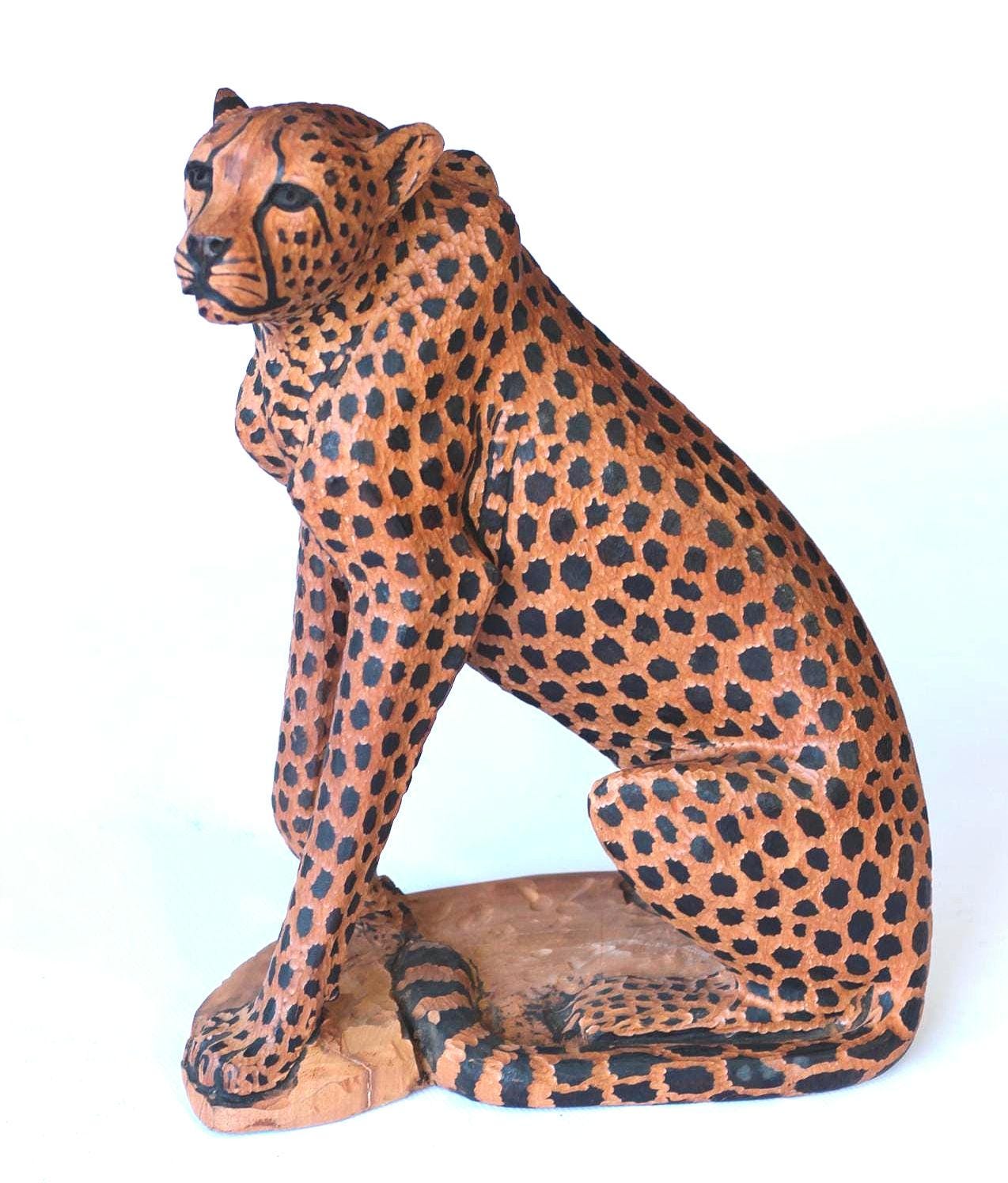 23" Teak Wood Life like Seating Cheetah Figurines. Fully detailed large gouged spotted hand carved Decor Sculpture. African Gift Masterpiece