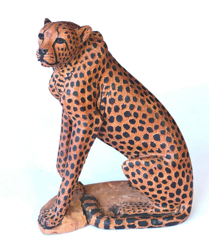 23" Teak Wood Life like Seating Cheetah Figurines. Fully detailed large gouged spotted hand carved Decor Sculpture. African Gift Masterpiece
