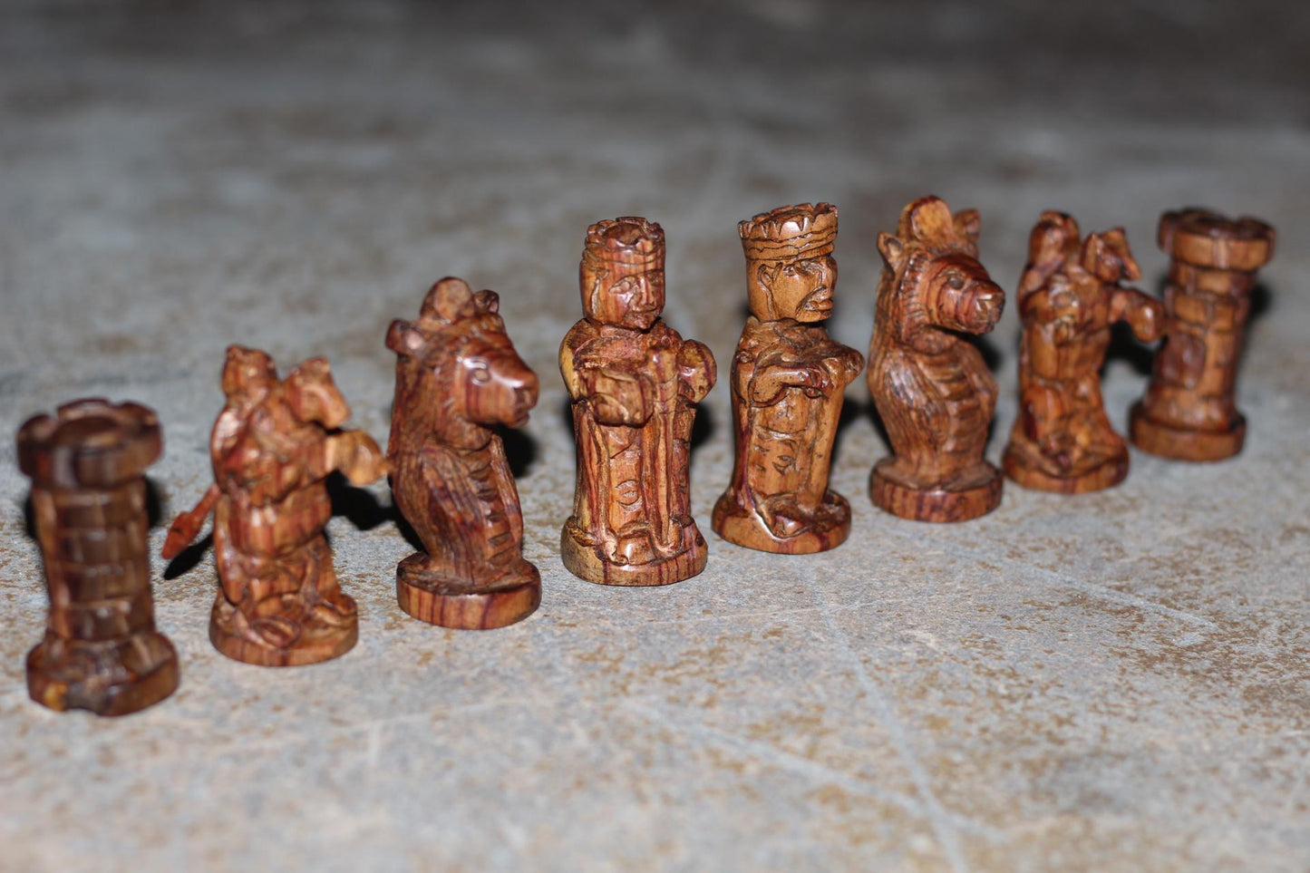 African Hunters Round Foldable Chess Board with Mixed Animal and Warriors Players. Zimbabwean handcarved gaming gift. Olive, Ebony, Mahogany