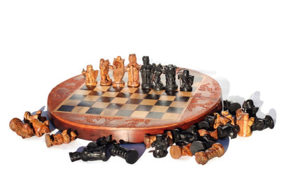 African Hunters Round Foldable Chess Board with Mixed Animal and Warriors Players. Zimbabwean handcarved gaming gift. Olive, Ebony, Mahogany