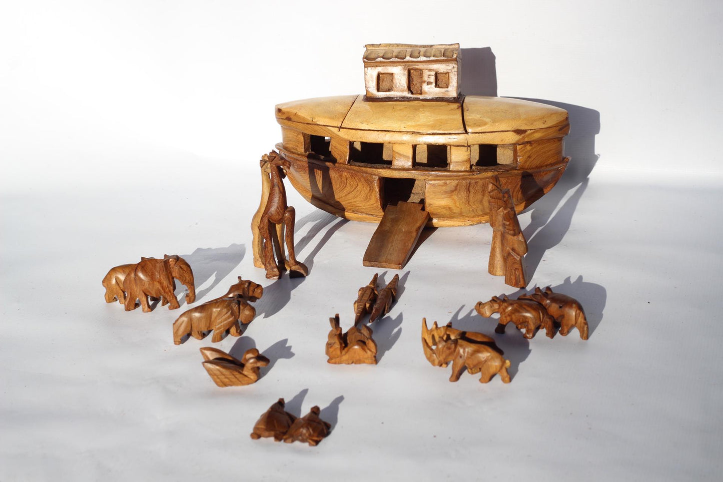 Noah's Ark handmade wood art.  33×10×10cm vessel with 18 pieces animals pairs figurines including Noah and his wife. Home/Office Décor gift