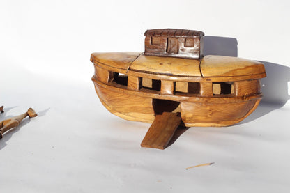 Noah's Ark handmade wood art.  33×10×10cm vessel with 18 pieces animals pairs figurines including Noah and his wife. Home/Office Décor gift