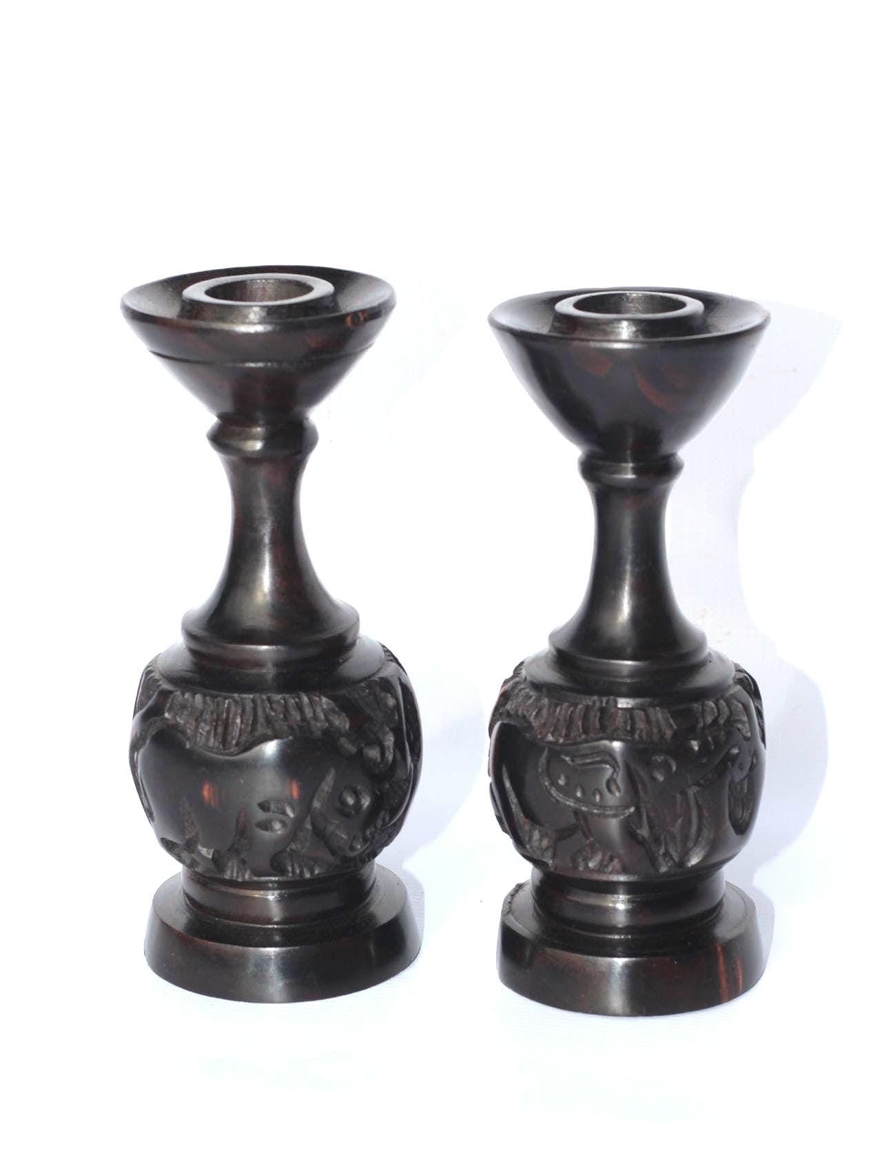 Set of 2 Carved Ebony Wood candlestick stands home decor. African animals carved candle holder. Shipping Worldwide