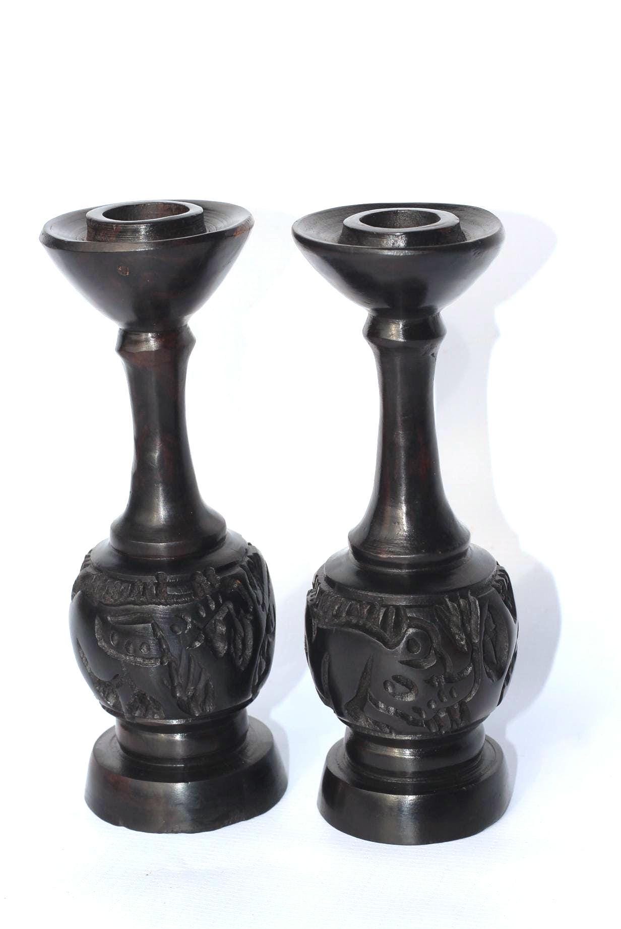 Set of 2 Carved Ebony Wood candlestick stands home decor. African animals carved candle holder. Shipping Worldwide
