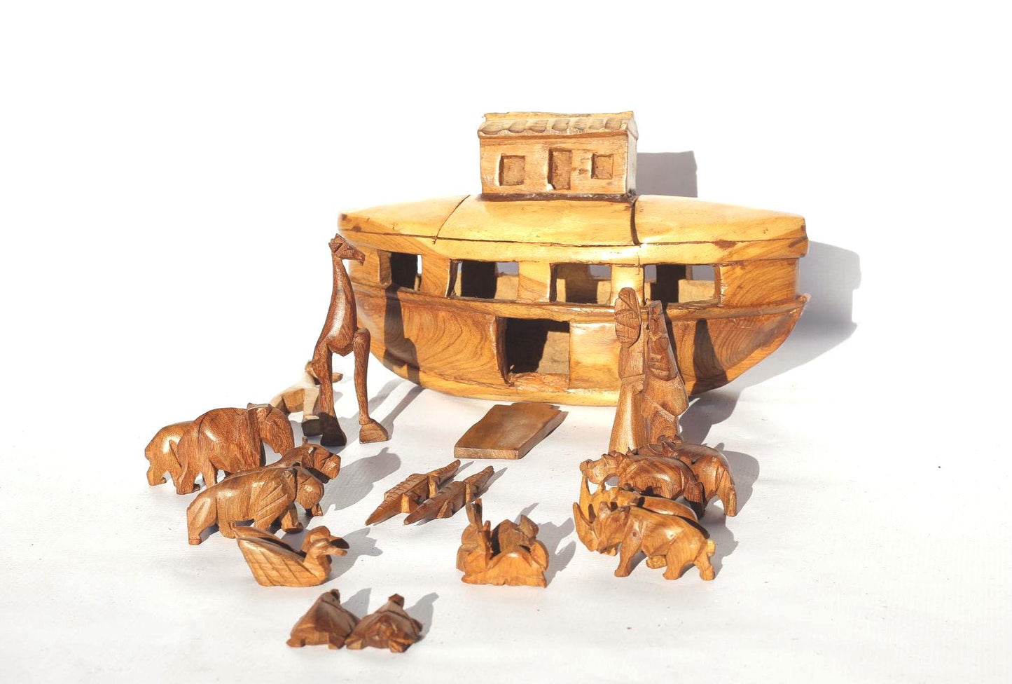 Noah's Ark handmade wood art.  33×10×10cm vessel with 18 pieces animals pairs figurines including Noah and his wife. Home/Office Décor gift