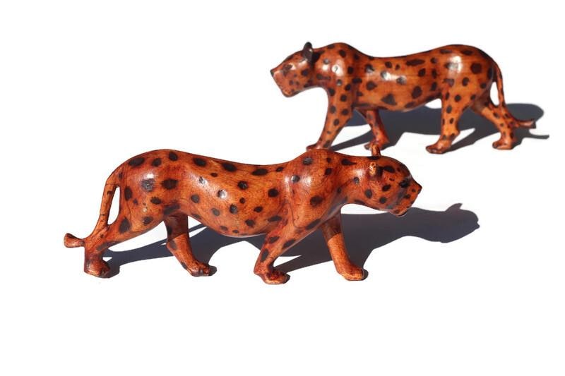 Walking Leopard Figurine. Inner Olive wood brown polished and burnt spots hand carved big cat Sculpture. African art Decor Gifts. 2 in Stock