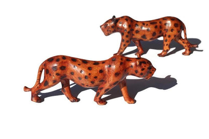 Walking Leopard Figurine. Inner Olive wood brown polished and burnt spots hand carved big cat Sculpture. African art Decor Gifts. 2 in Stock