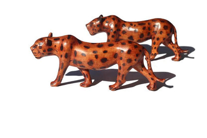 Walking Leopard Figurine. Inner Olive wood brown polished and burnt spots hand carved big cat Sculpture. African art Decor Gifts. 2 in Stock