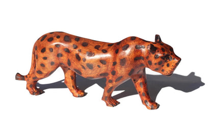 Walking Leopard Figurine. Inner Olive wood brown polished and burnt spots hand carved big cat Sculpture. African art Decor Gifts. 2 in Stock