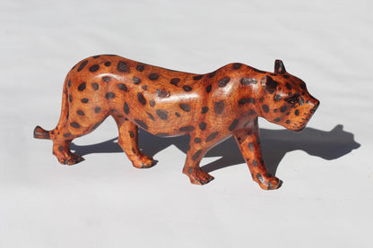 Walking Leopard Figurine. Inner Olive wood brown polished and burnt spots hand carved big cat Sculpture. African art Decor Gifts. 2 in Stock