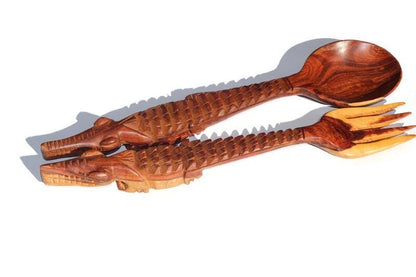 Brown Crocodile themed Teak Wood Spoon and Spork/ Fork Giftsets. Zambian hand Carved lifelike Artwork for use, wall or table decor gifts