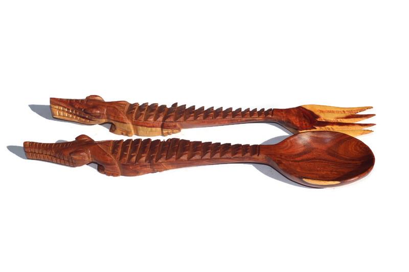 Brown Crocodile themed Teak Wood Spoon and Spork/ Fork Giftsets. Zambian hand Carved lifelike Artwork for use, wall or table decor gifts
