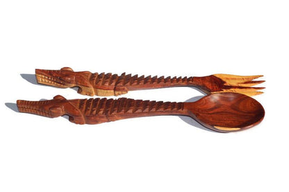 Brown Crocodile themed Teak Wood Spoon and Spork/ Fork Giftsets. Zambian hand Carved lifelike Artwork for use, wall or table decor gifts